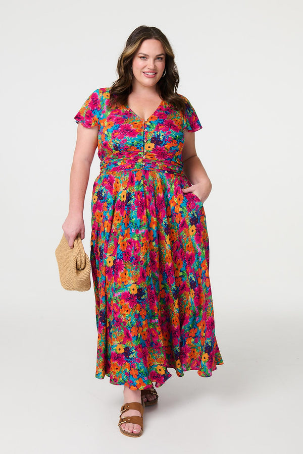 Pink | Floral Ruched Front Maxi Dress