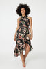 Black | Floral Asymmetric Halter Neck Midi Dress