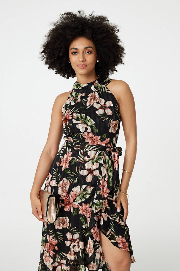 Black | Floral Asymmetric Halter Neck Midi Dress