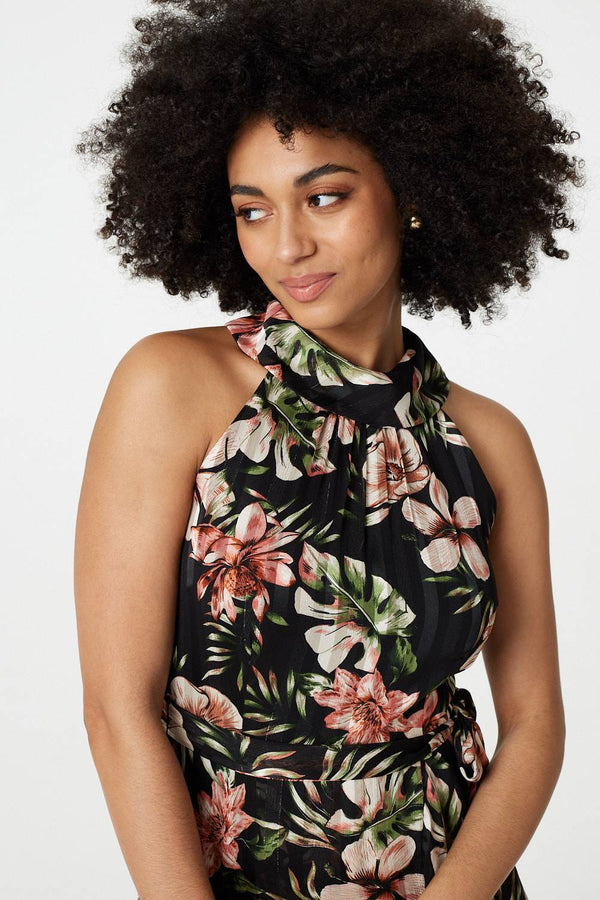 Black | Floral Asymmetric Halter Neck Midi Dress