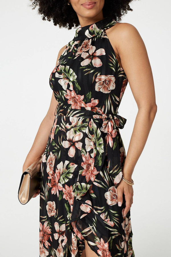 Black | Floral Asymmetric Halter Neck Midi Dress