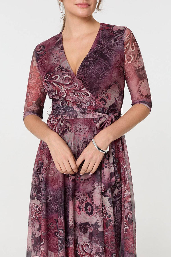 Plum | Floral Mesh Hanky Hem Wrap Midi Dress
