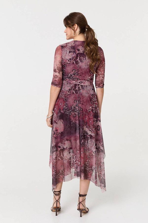 Plum | Floral Mesh Hanky Hem Wrap Midi Dress
