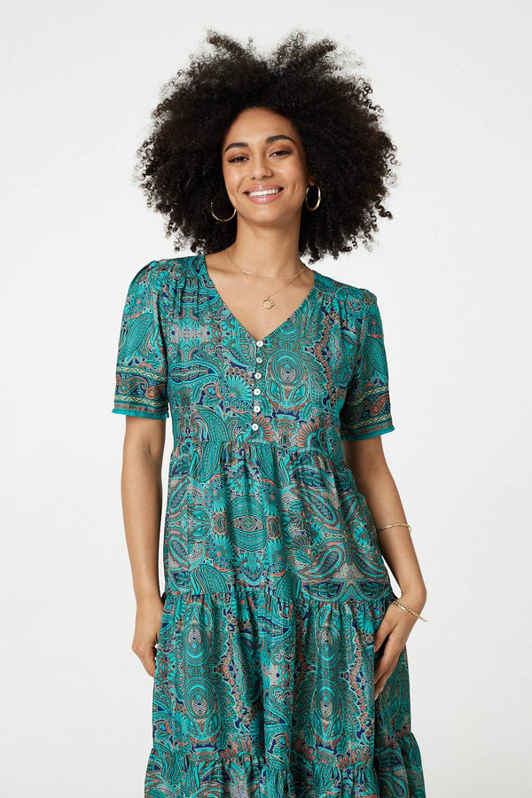 Green | Paisley Short Sleeve Smock Dress