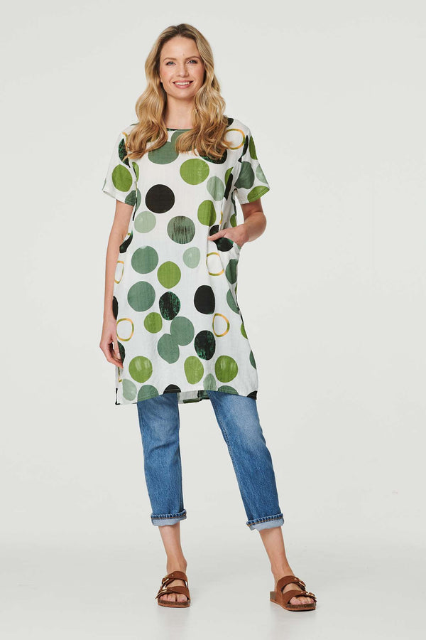 Green | Polka Dot Relaxed Tunic Dress : Model is 5'10"/178 cm and wears UK10/EU38/US6/AUS10