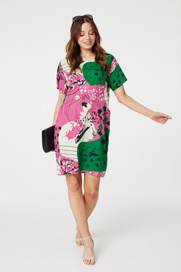 Pink | Printed Short Sleeve Relaxed Tunic Dress