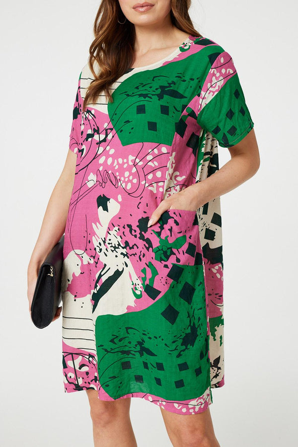 Pink | Printed Short Sleeve Relaxed Tunic DressPink | Printed Short Sleeve Relaxed Tunic Dress