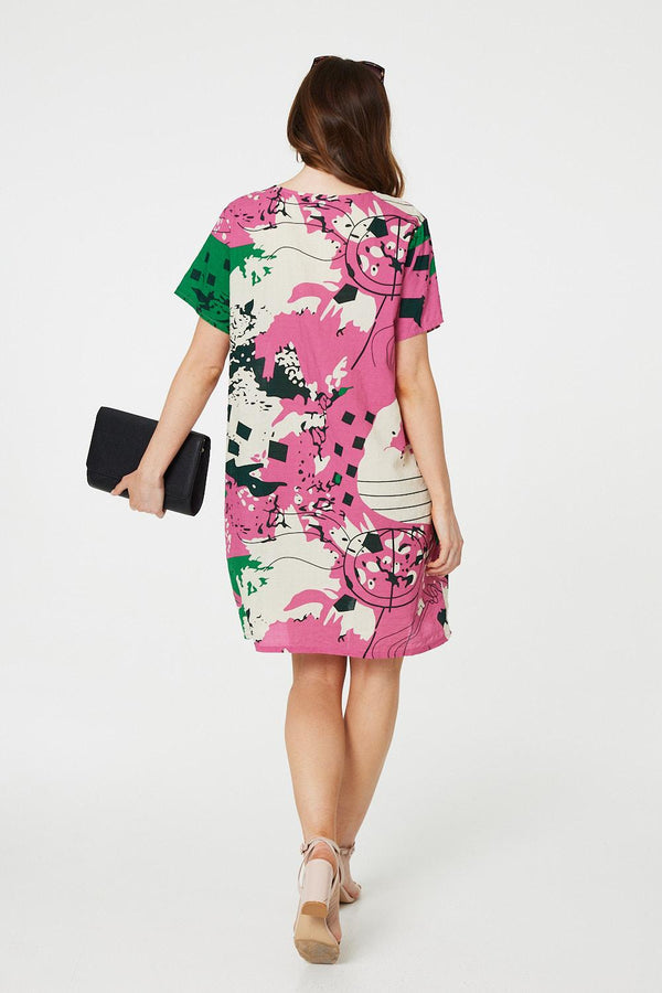 Pink | Printed Short Sleeve Relaxed Tunic Dress