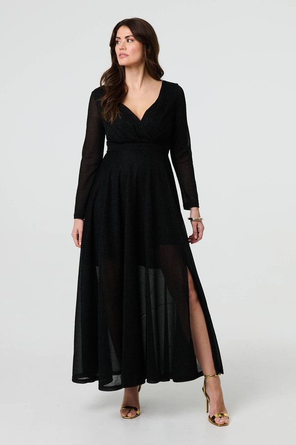 Black | Sparkly V-Neck Long Sleeve Maxi Dress
