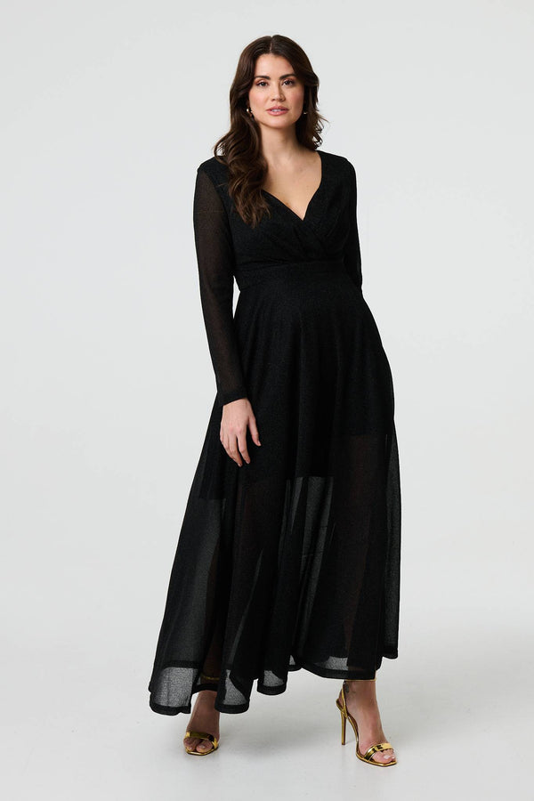 Black | Sparkly V-Neck Long Sleeve Maxi Dress
