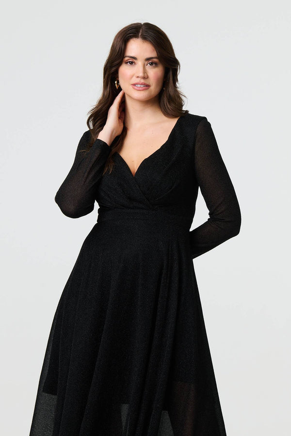 Black | Sparkly V-Neck Long Sleeve Maxi Dress
