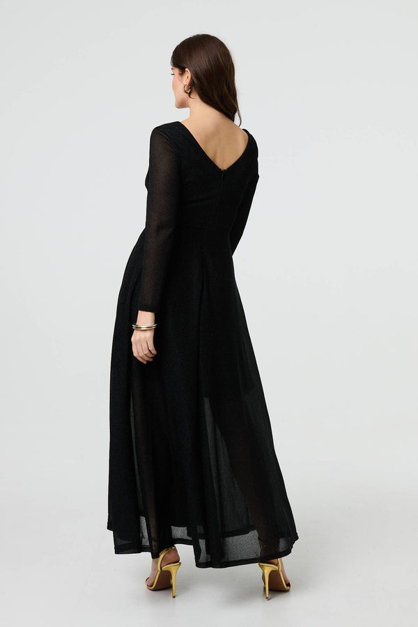 Black | Sparkly V-Neck Long Sleeve Maxi Dress
