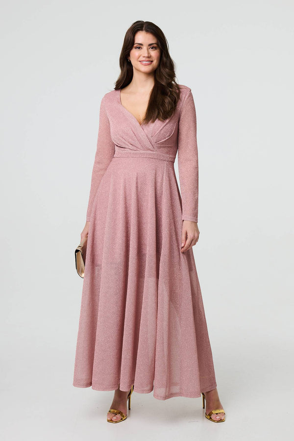 Pink | Sparkly V-Neck Long Sleeve Maxi Dress
