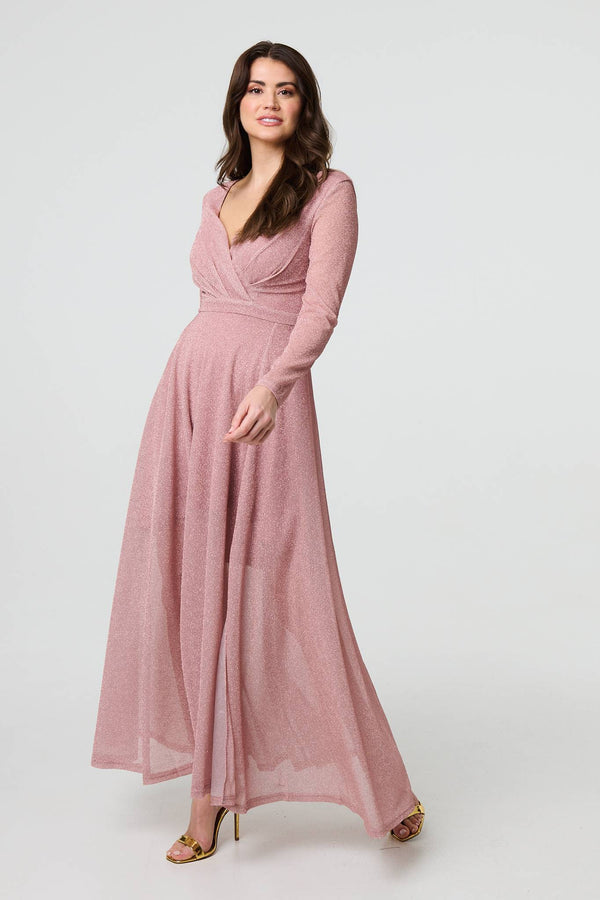 Pink | Sparkly V-Neck Long Sleeve Maxi Dress
