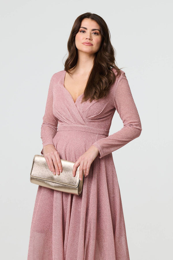 Pink | Sparkly V-Neck Long Sleeve Maxi Dress
