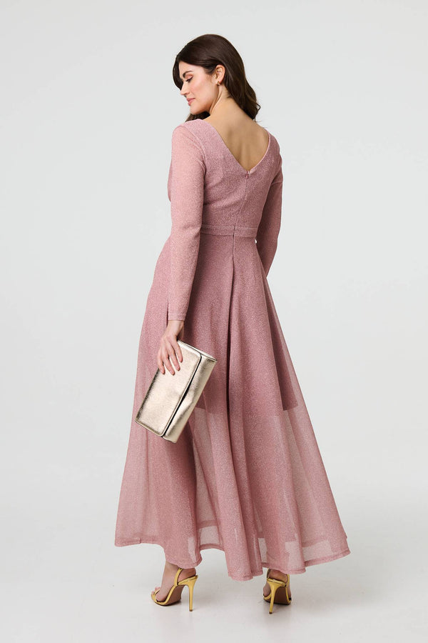 Pink | Sparkly V-Neck Long Sleeve Maxi Dress
