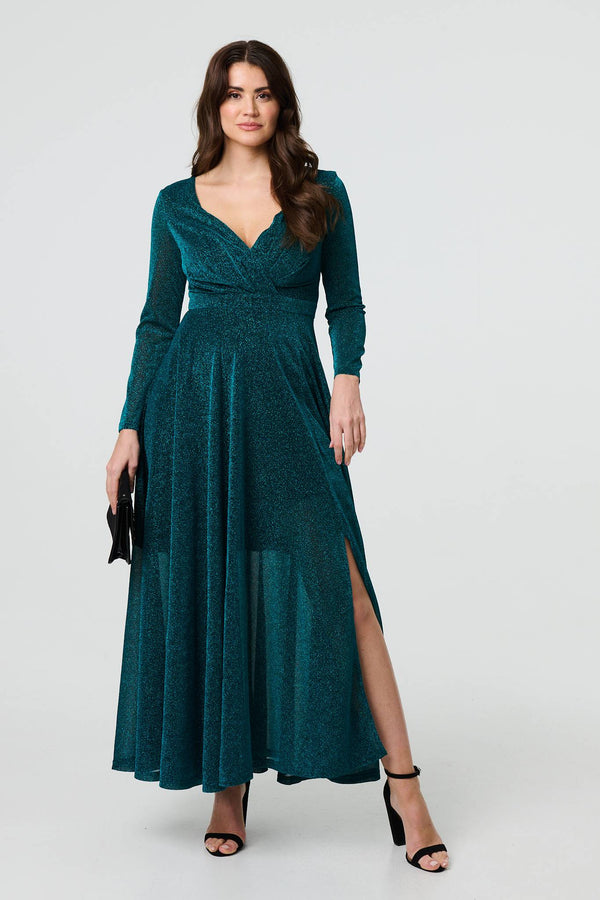 Green | Sparkly V-Neck Long Sleeve Maxi Dress
