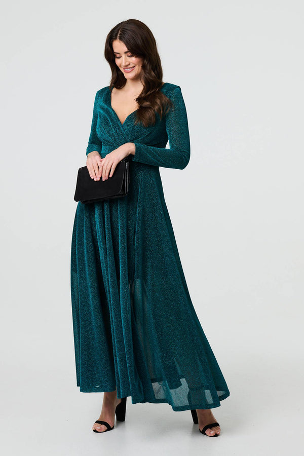 Green | Sparkly V-Neck Long Sleeve Maxi Dress
