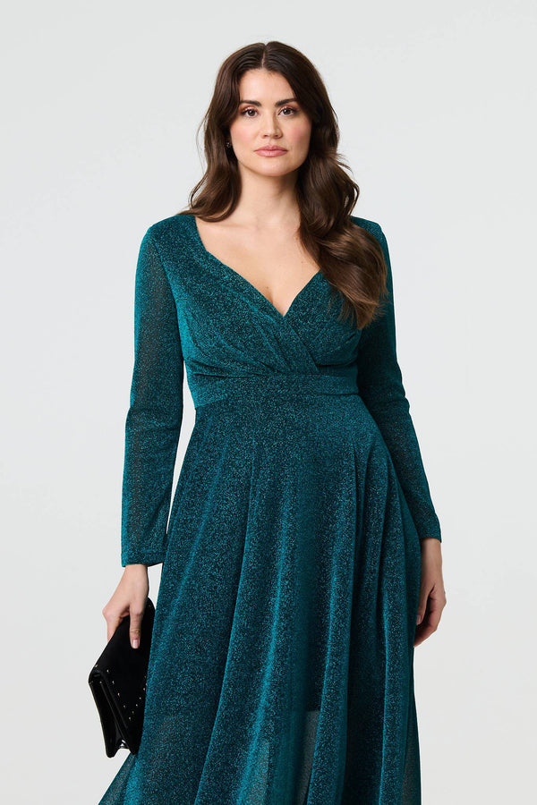 Green | Sparkly V-Neck Long Sleeve Maxi Dress
