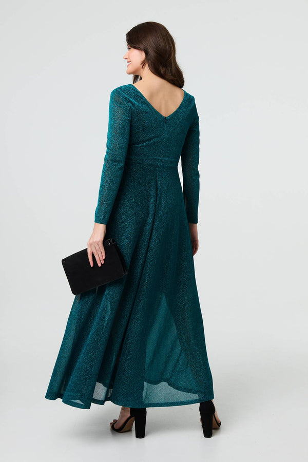 Green | Sparkly V-Neck Long Sleeve Maxi Dress
