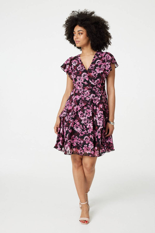 Pink | Floral Tie-Waist Ruffled Mini Dress