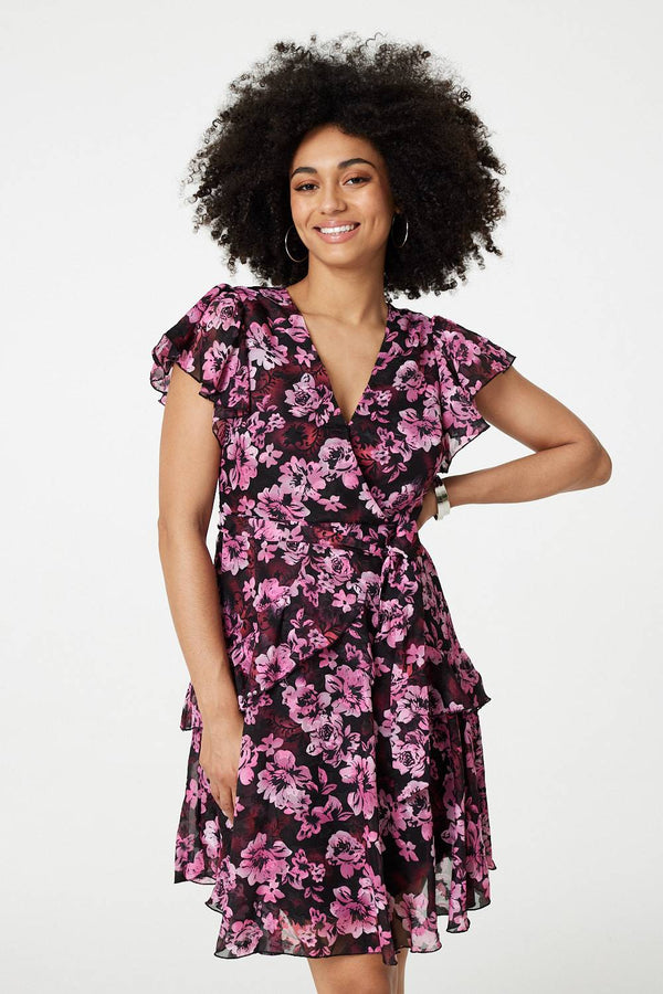 Pink | Floral Tie-Waist Ruffled Mini Dress