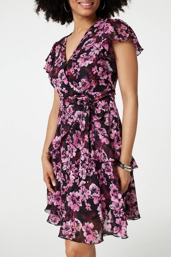 Pink | Floral Tie-Waist Ruffled Mini Dress