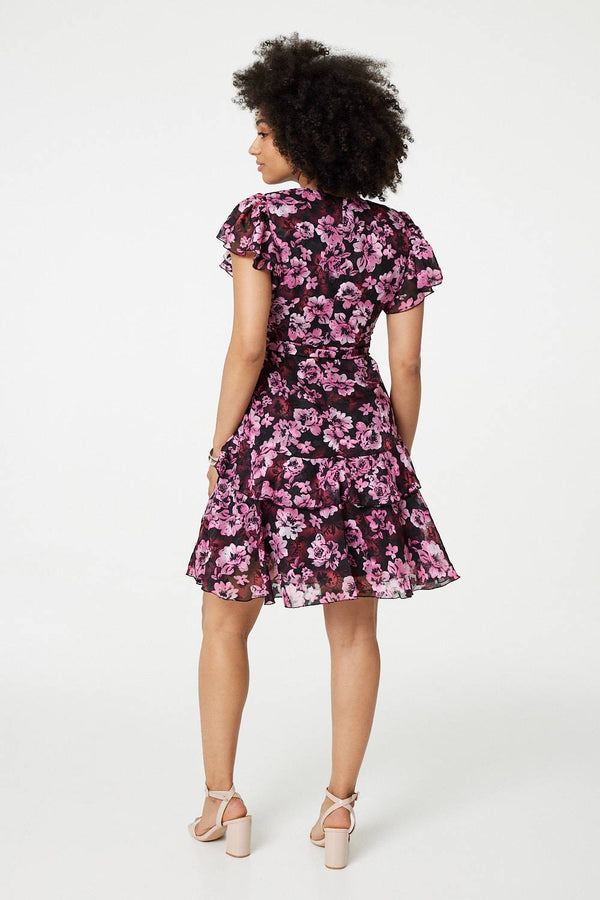 Pink | Floral Tie-Waist Ruffled Mini Dress