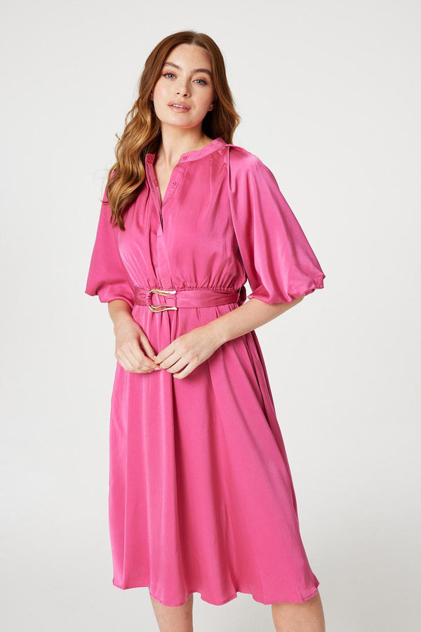 Pink | High Neck 1/2 Sleeve Midi Dress