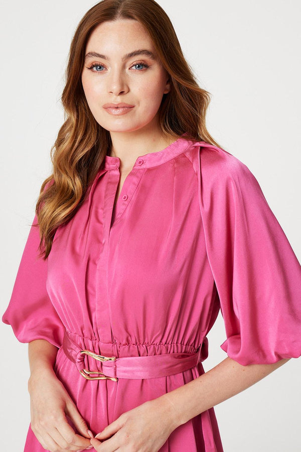 Pink | High Neck 1/2 Sleeve Midi Dress