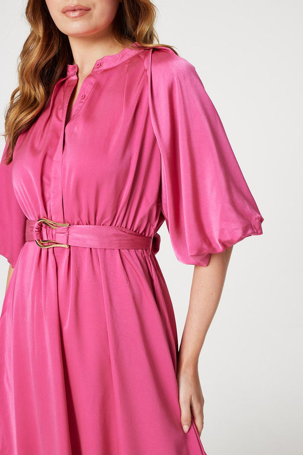 Pink | High Neck 1/2 Sleeve Midi Dress