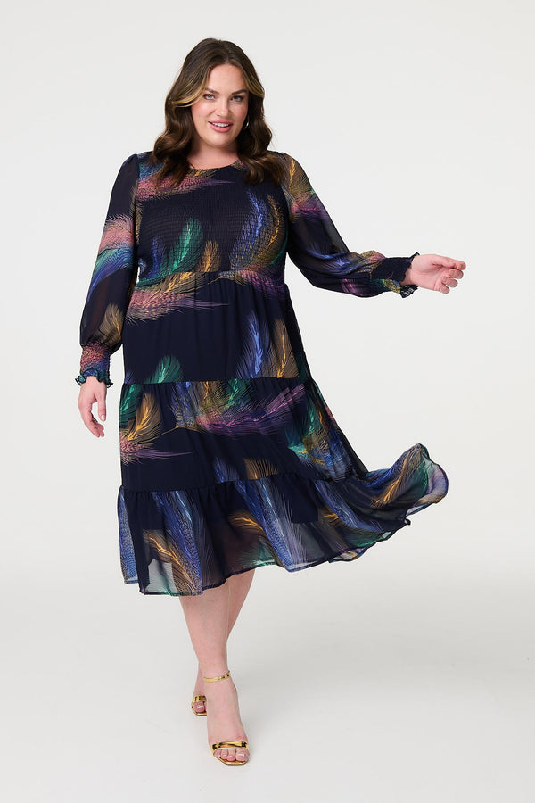 Blue | Feather Print Midi Smock Dress : Model is 5'8"/172 cm and wears UK18/EU46/US14/AUS18