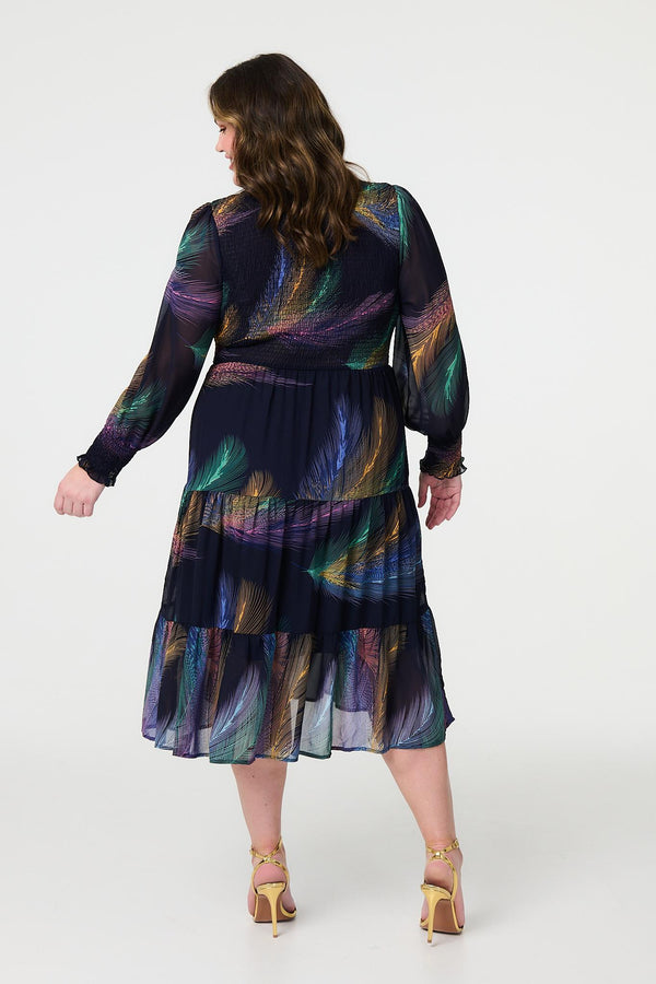 Blue | Feather Print Midi Smock Dress