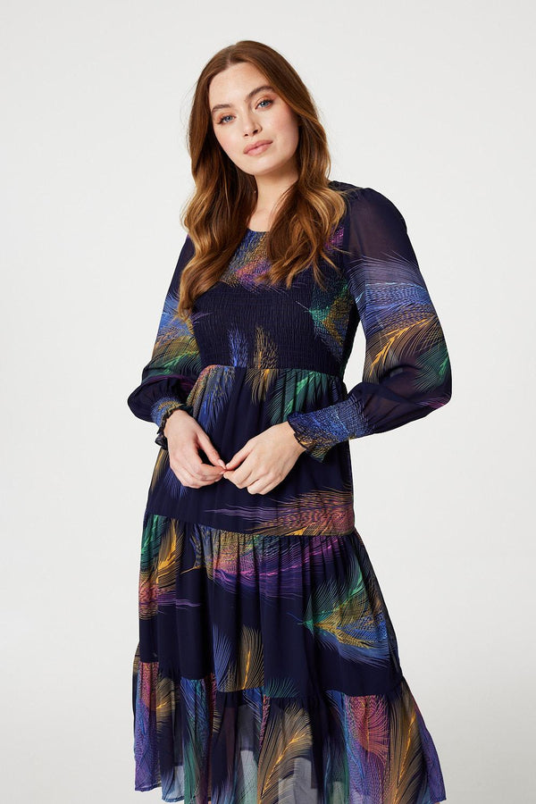 Blue | Feather Print Midi Smock Dress