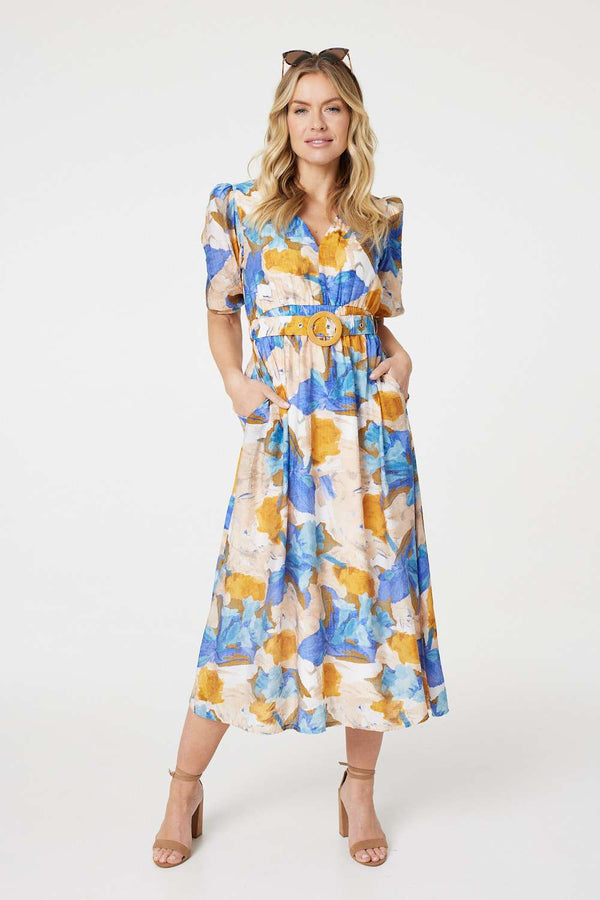 Blue | Printed 1/2 Sleeve Belted Midi Dress