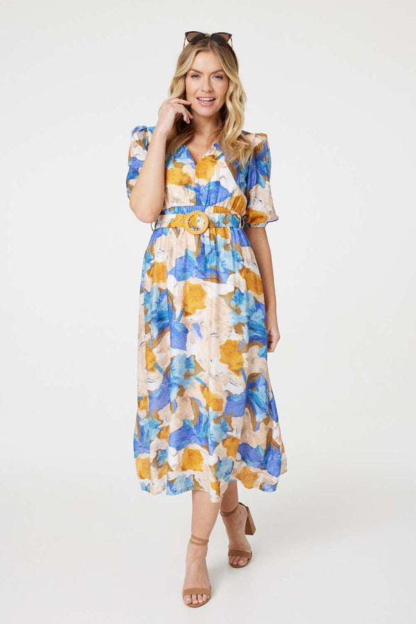 Blue | Printed 1/2 Sleeve Belted Midi Dress