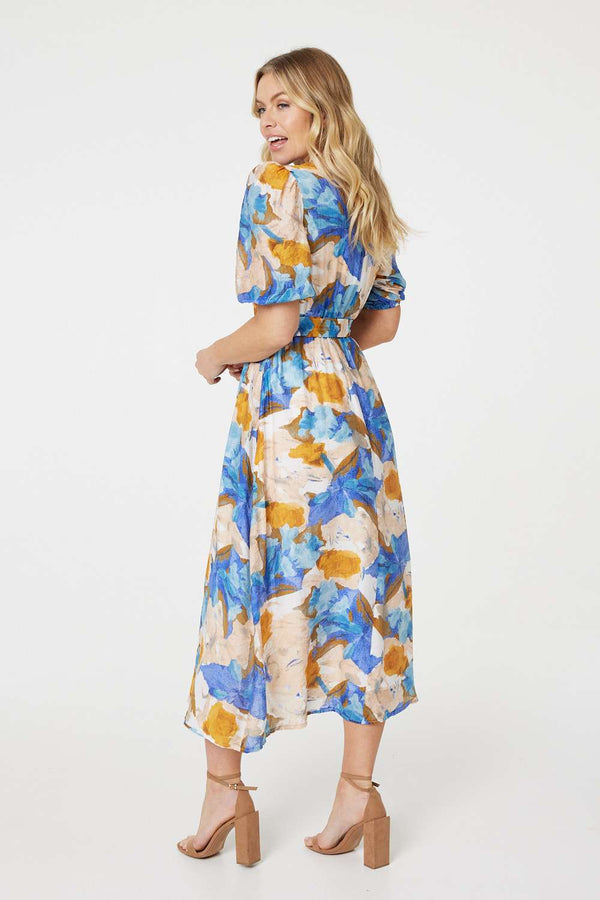 Blue | Printed 1/2 Sleeve Belted Midi Dress