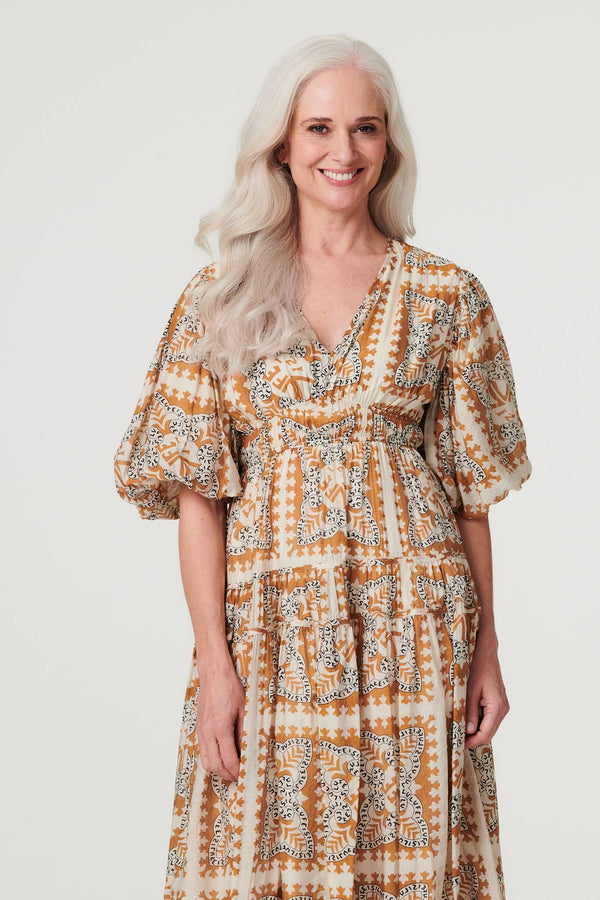 Rust | Printed Puff 1/2 Sleeve Midi Dress