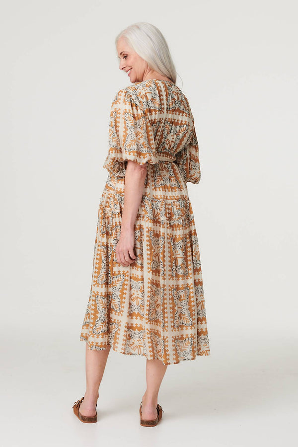 Rust | Printed Puff 1/2 Sleeve Midi Dress