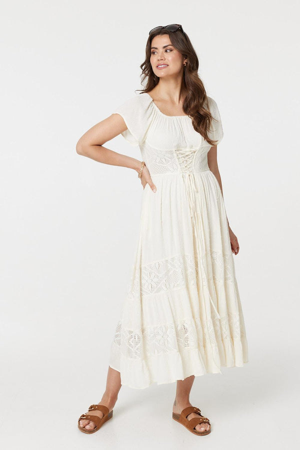 White | Lace Detail Tie-Up Front Maxi Dress