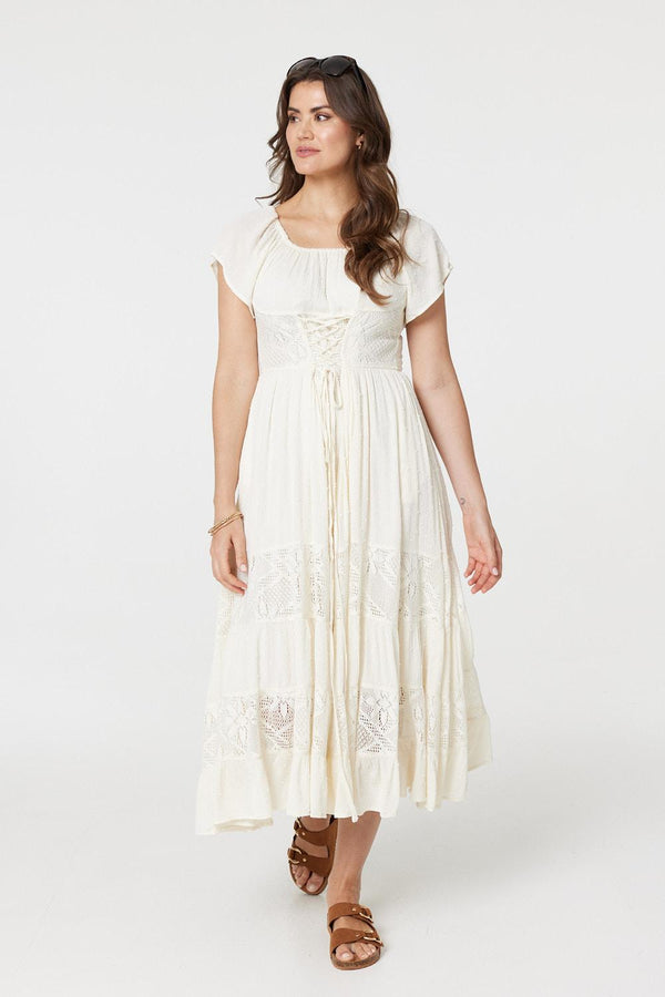 White | Lace Detail Tie-Up Front Maxi Dress