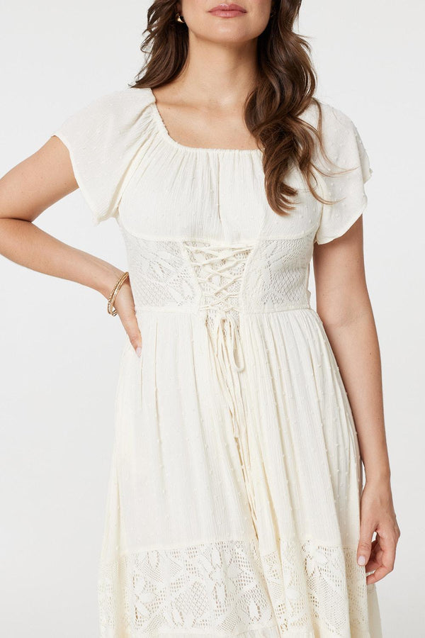 White | Lace Detail Tie-Up Front Maxi Dress