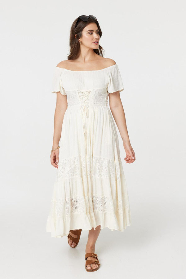 White | Lace Detail Tie-Up Front Maxi Dress