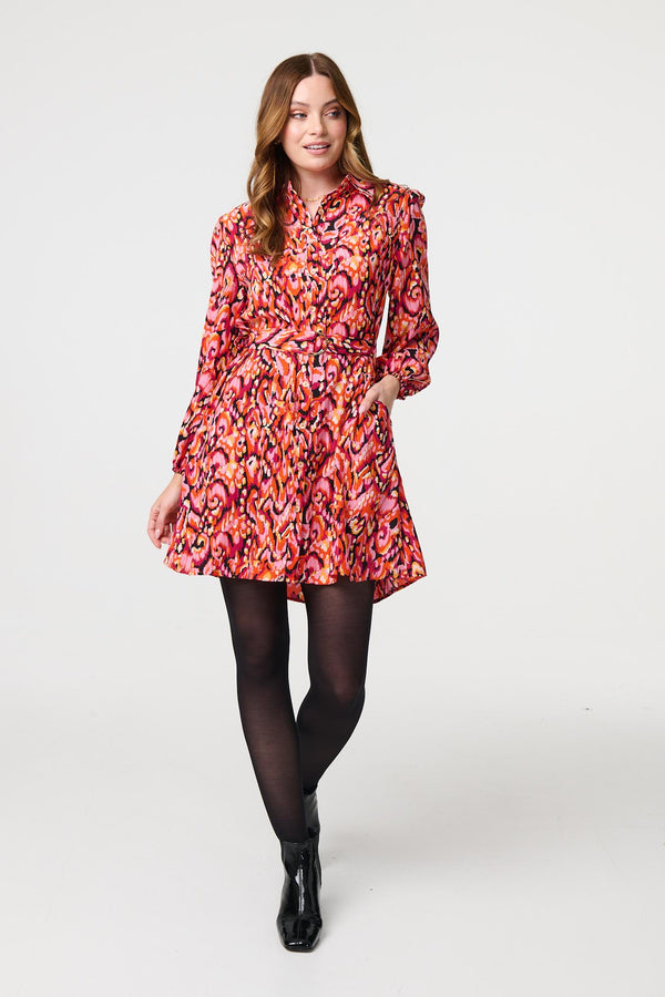 Pink | Abstract Print Belt Detail Shirt Dress