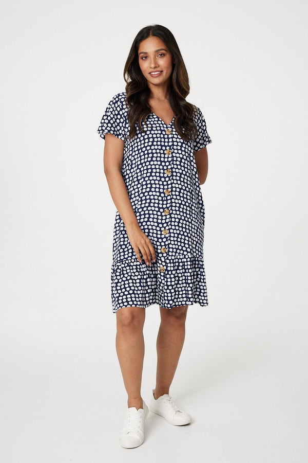 Navy | Spotty V-Neck Button Front Dress