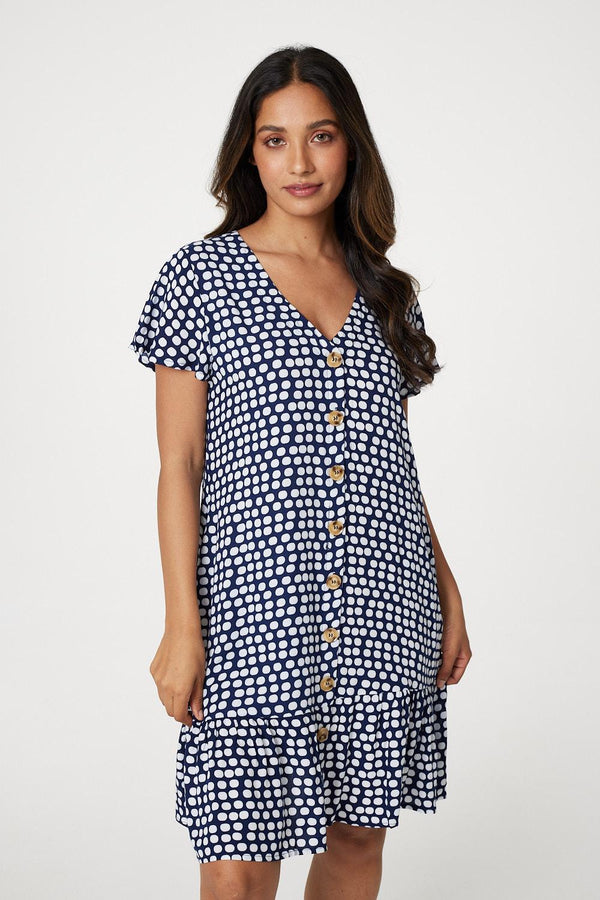 Navy | Spotty V-Neck Button Front Dress