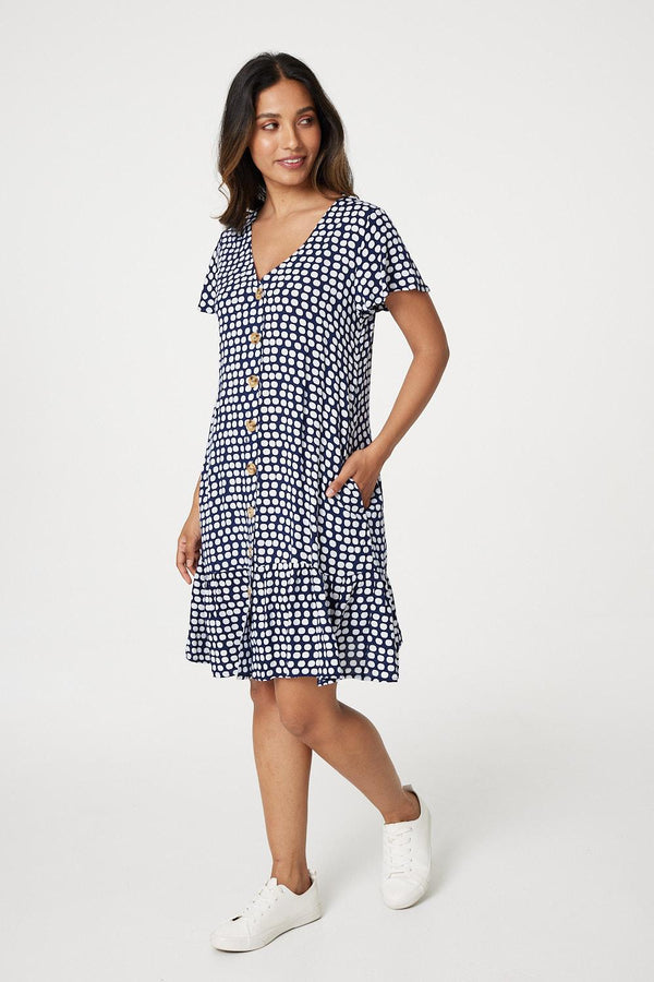 Navy | Spotty V-Neck Button Front Dress