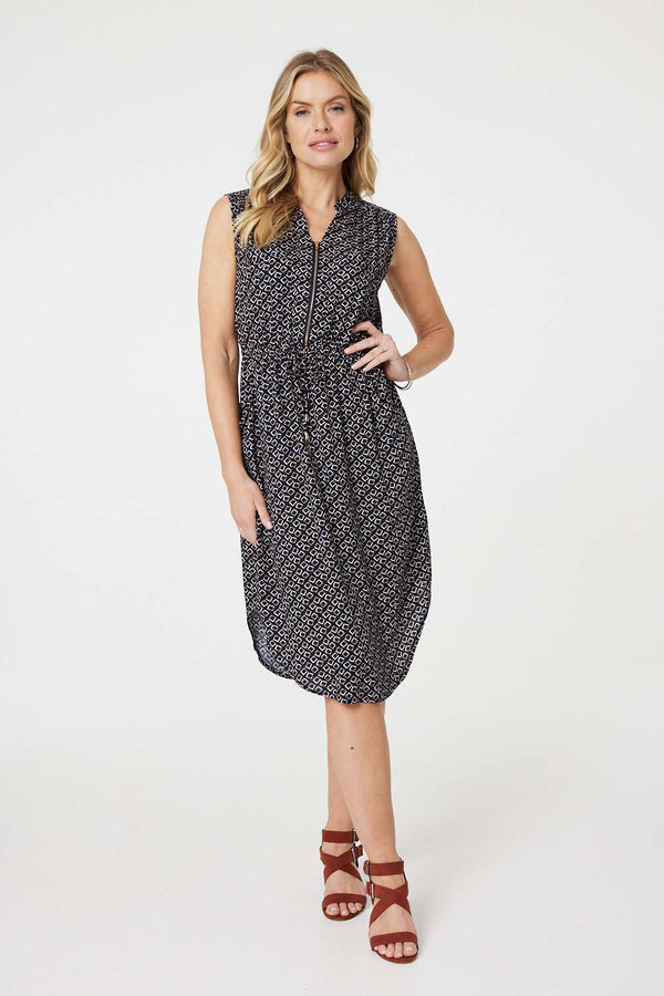 Navy | Geo Print Sleeveless Zip Front Midi Dress