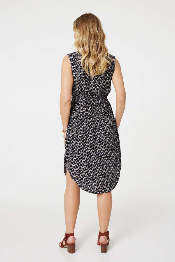 Navy | Geo Print Sleeveless Zip Front Midi Dress