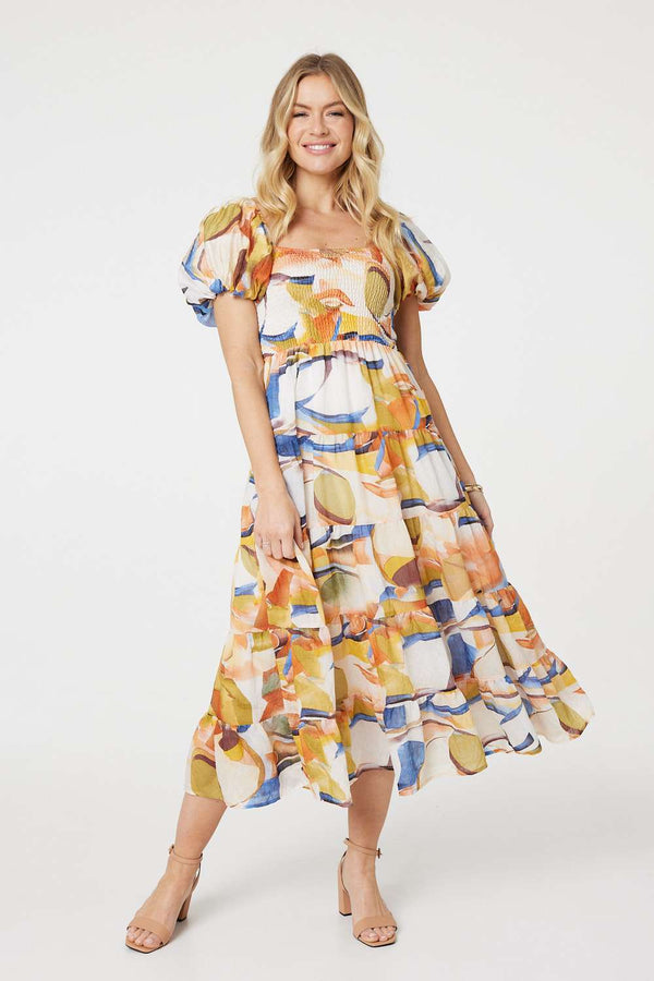 Blue | Printed Puff Sleeve Midi Dress : Model is 5'10"/178 cm and wears UK8/EU36/US4/AUS8